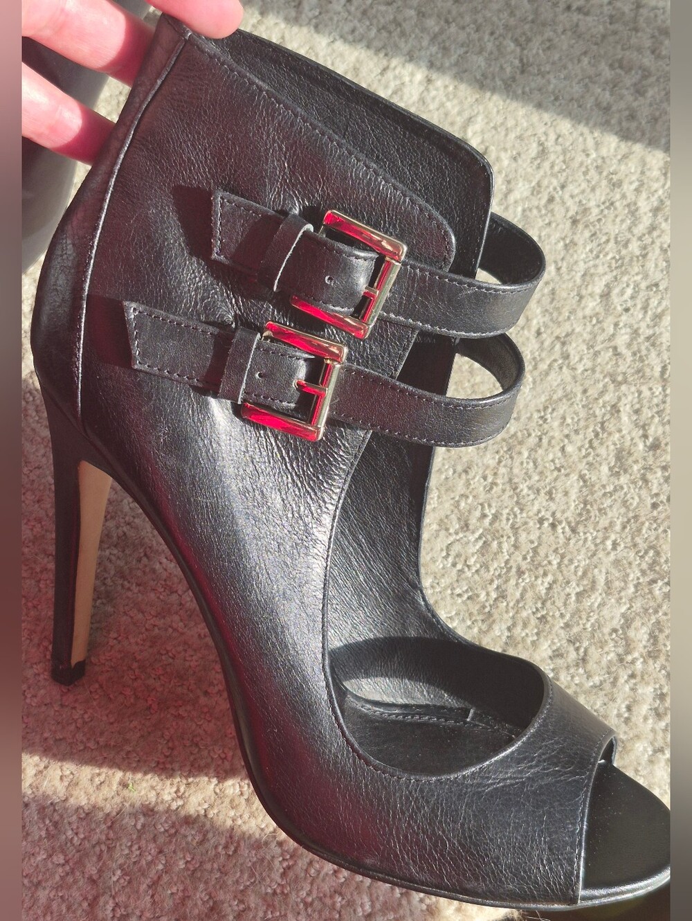 ALDO Black Leather Peep Toe Ankle Booties Size 10 | Double Buckle | Worn Once